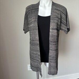 Eileen Fisher Sleek Tencel Kimono Open Cardigan Black Natural Melange Sweater